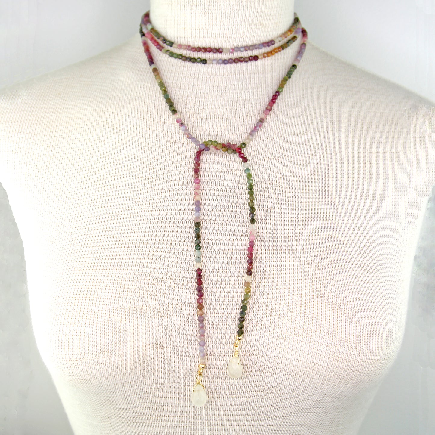 Tourmaline Lariat Wrap Necklace with Lemon Quartz Pendants