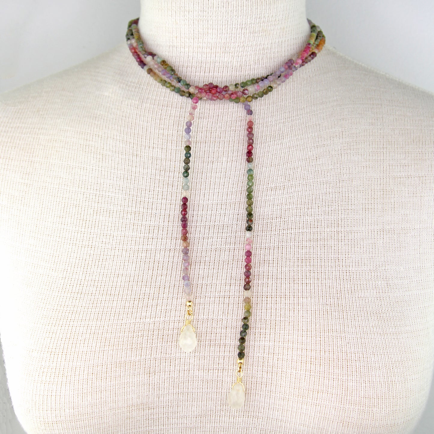 Tourmaline Lariat Wrap Necklace with Lemon Quartz Pendants