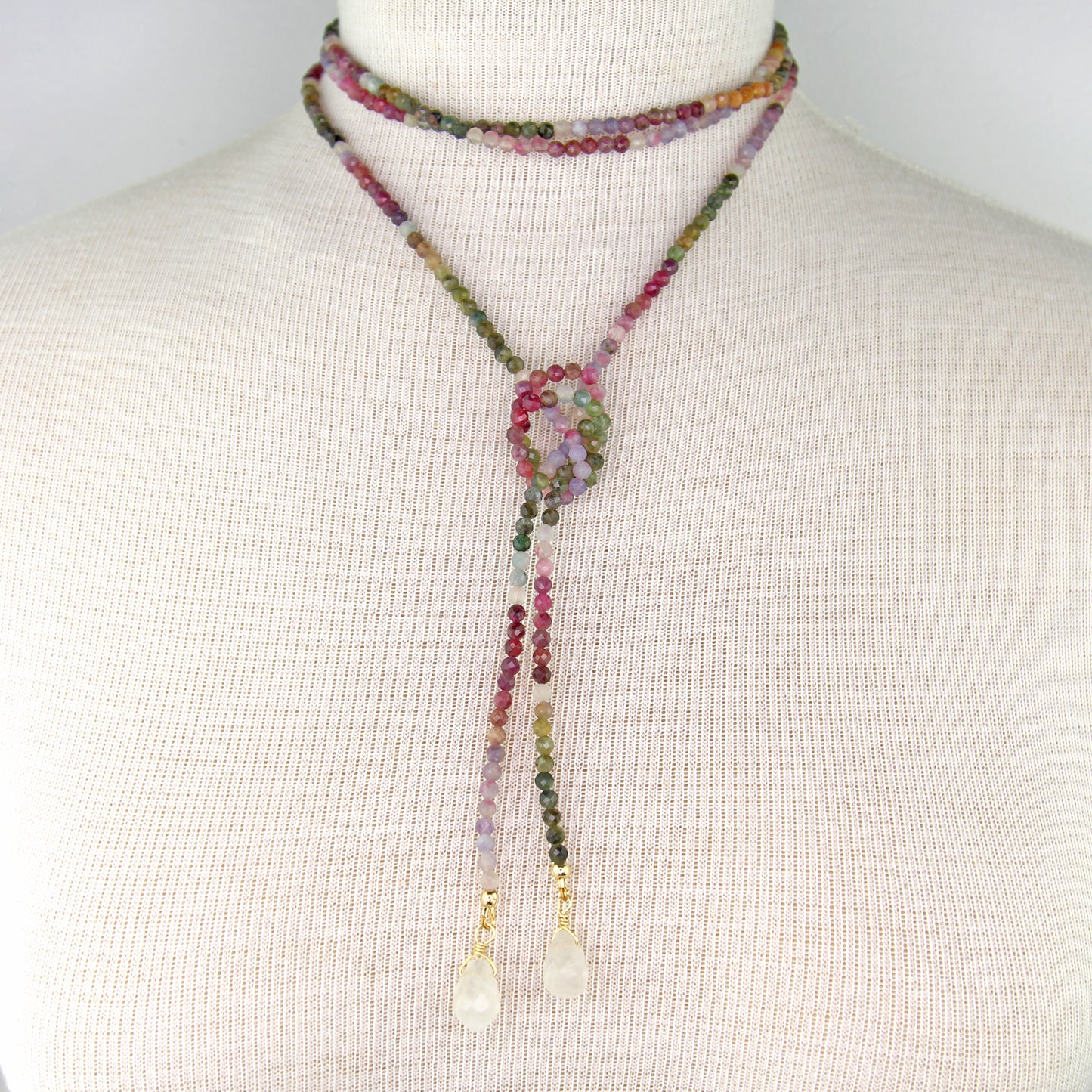 Tourmaline Lariat Wrap Necklace with Lemon Quartz Pendants
