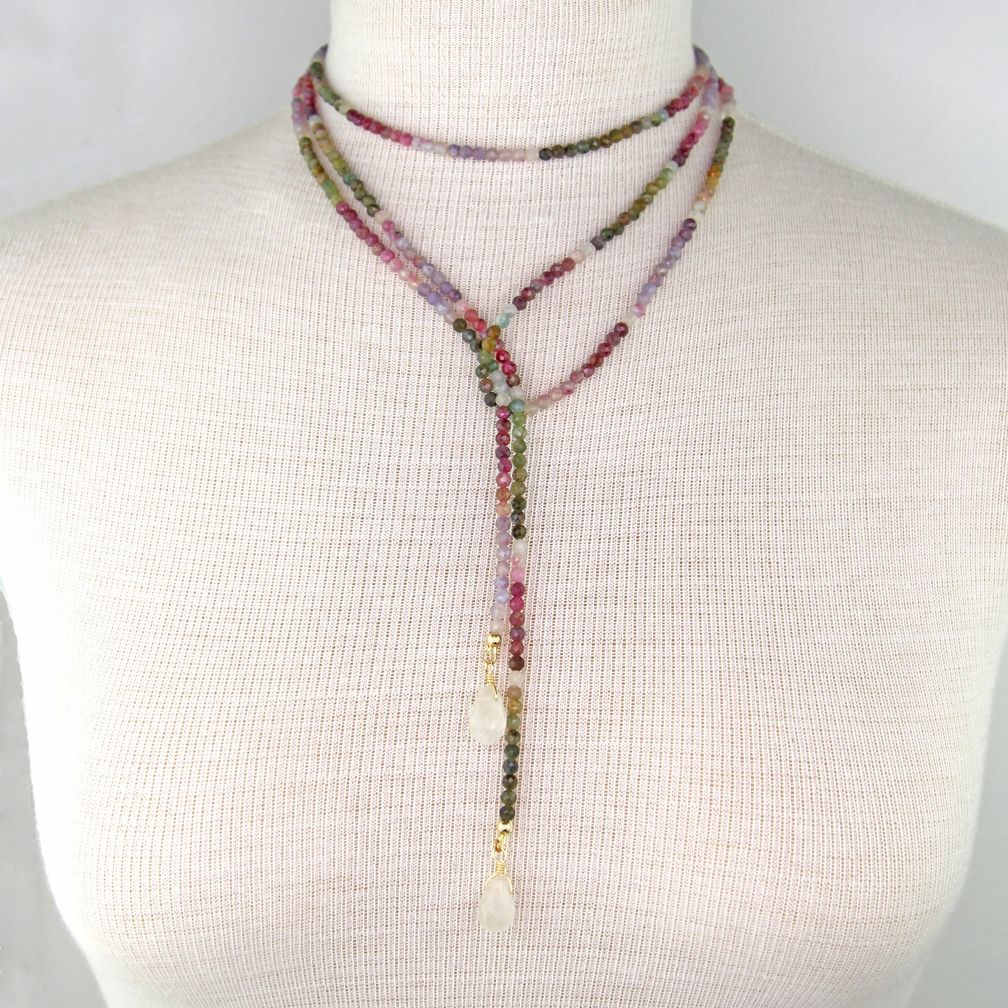 Tourmaline Lariat Wrap Necklace with Lemon Quartz Pendants