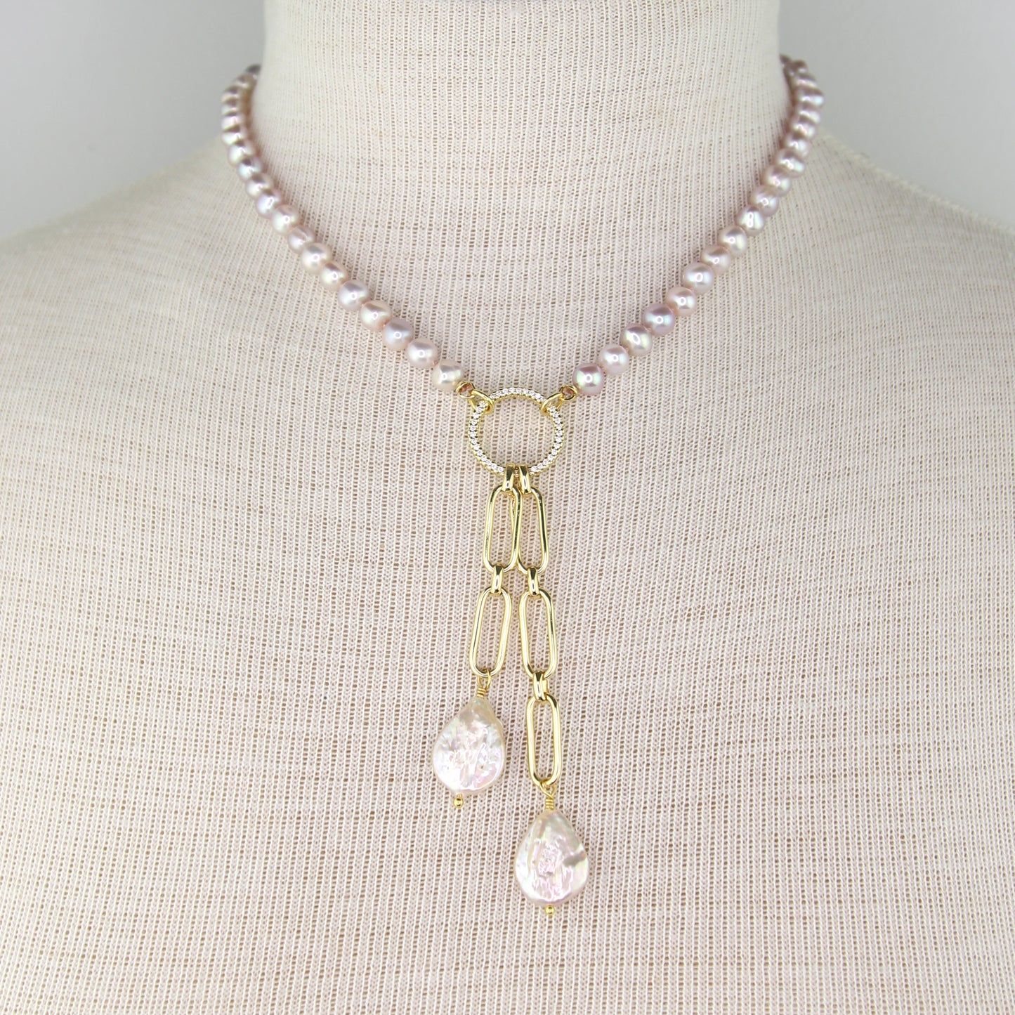 Freshwater Pearl Necklace with Baroque Pearl and Gold-Filled Chain Pendants