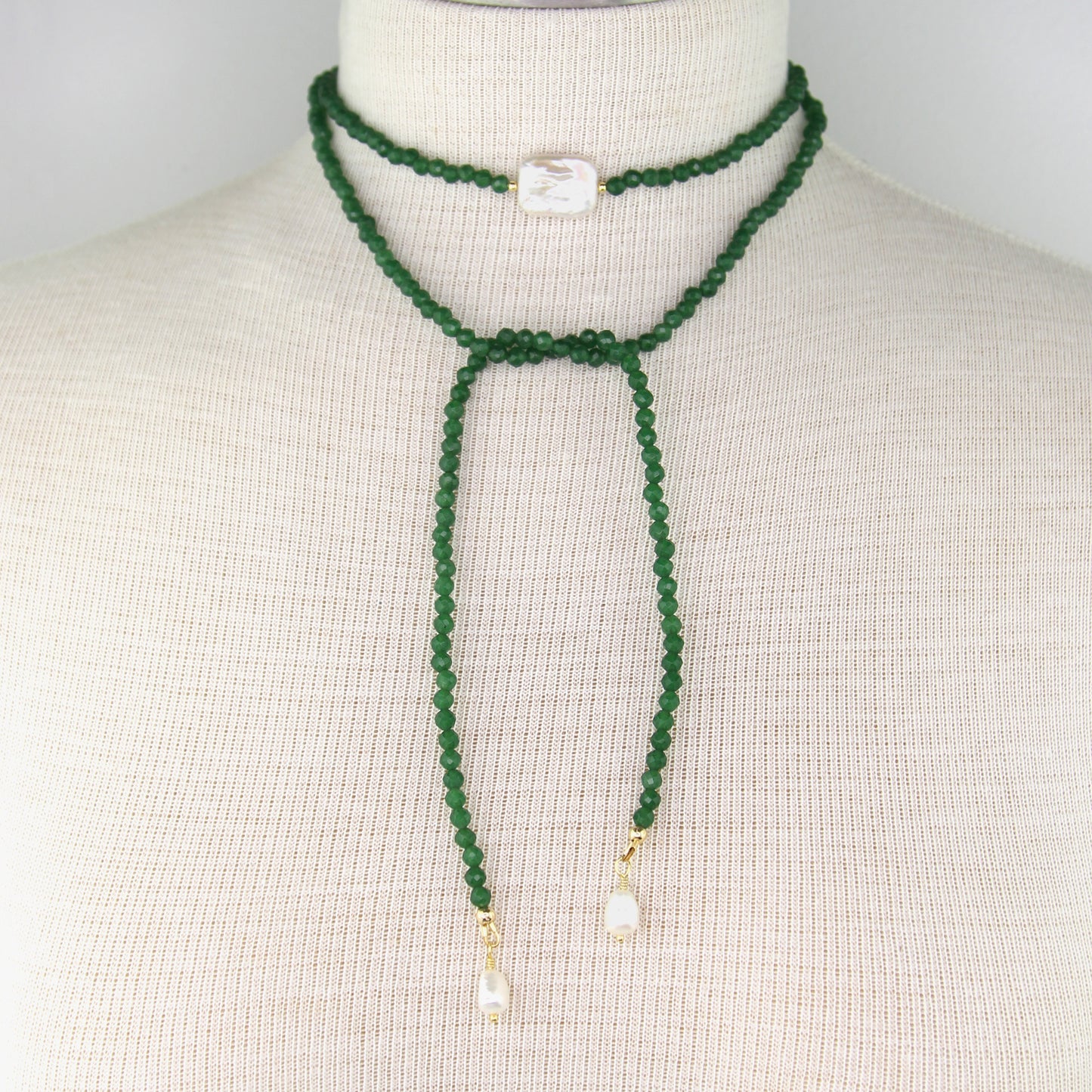 Green Jade Lariat Wrap Necklace with Freshwater Pearl Accents