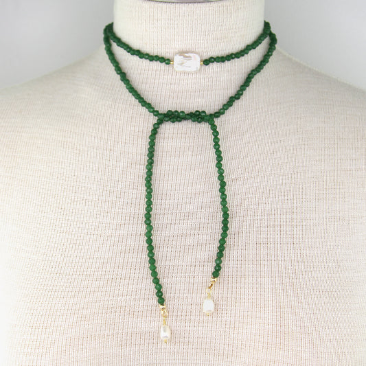 Green Jade Lariat Wrap Necklace with Freshwater Pearl Accents