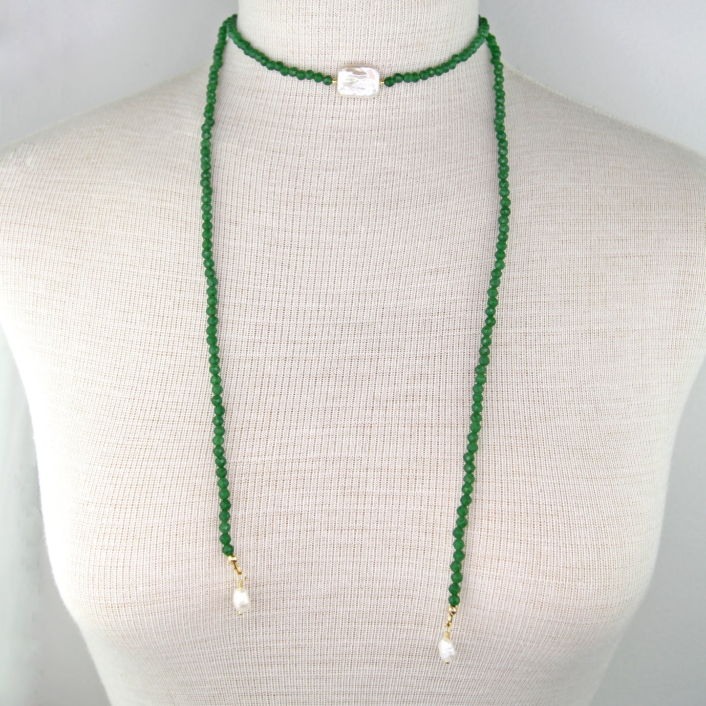 Green Jade Lariat Wrap Necklace with Freshwater Pearl Accents
