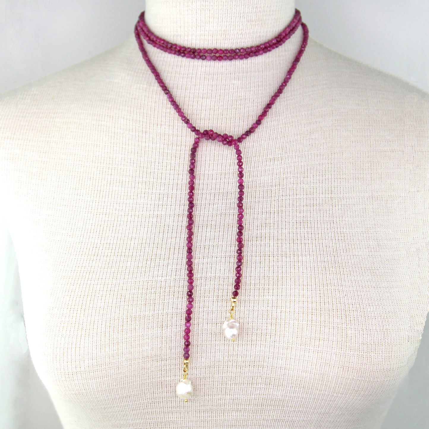 Ruby Lariat Wrap Necklace with Baroque Pearl Pendants