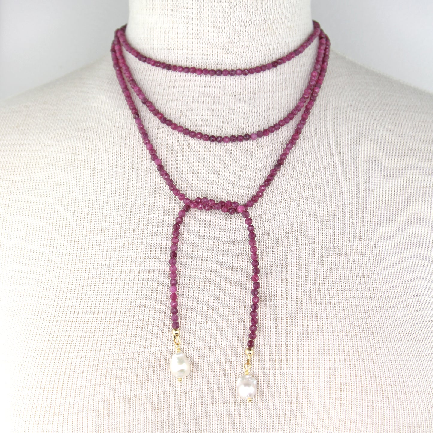Ruby Lariat Wrap Necklace with Baroque Pearl Pendants