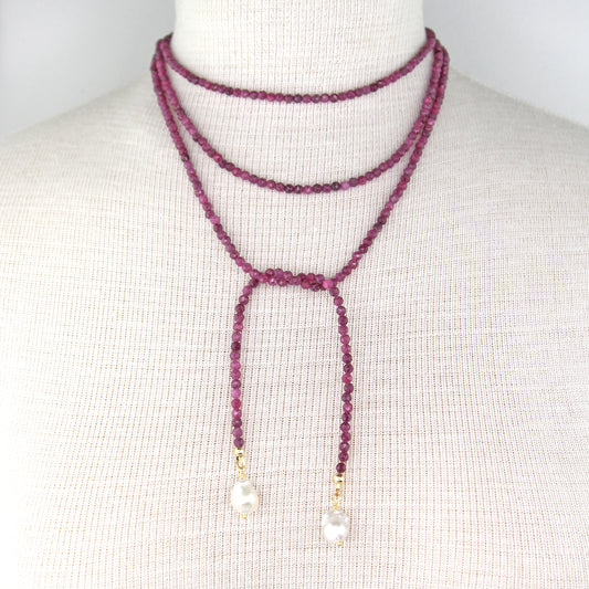 Ruby Lariat Wrap Necklace with Baroque Pearl Pendants