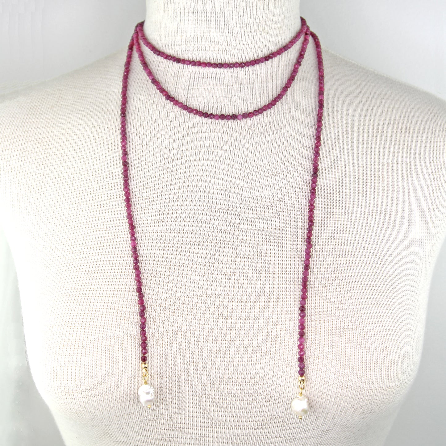 Ruby Lariat Wrap Necklace with Baroque Pearl Pendants