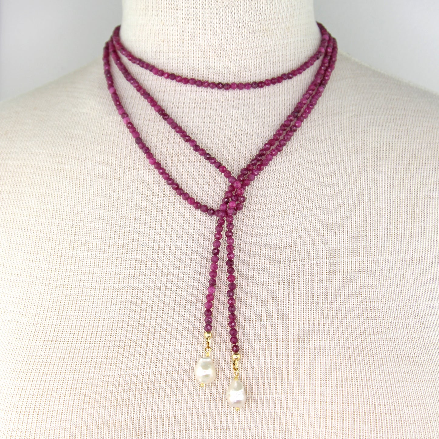 Ruby Lariat Wrap Necklace with Baroque Pearl Pendants