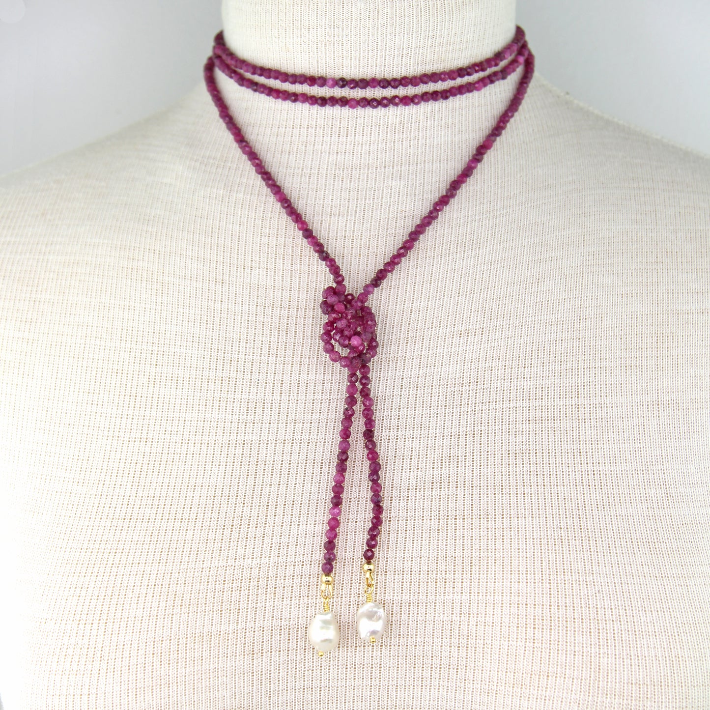 Ruby Lariat Wrap Necklace with Baroque Pearl Pendants