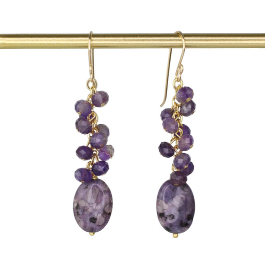 Purple Kiwi Quartz and Amethyst Cluster Earrings