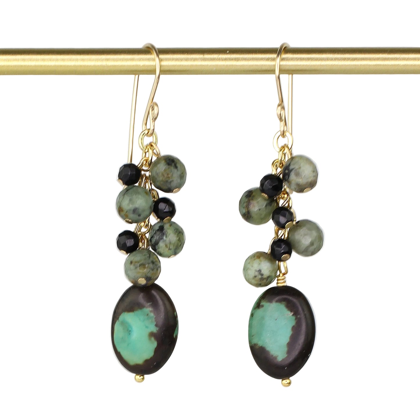 Turquoise, Jasper, and Onyx Cluster Earrings
