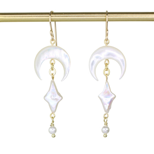 Mother of Pearl Crescent and Freshwater Pearl Earrings
