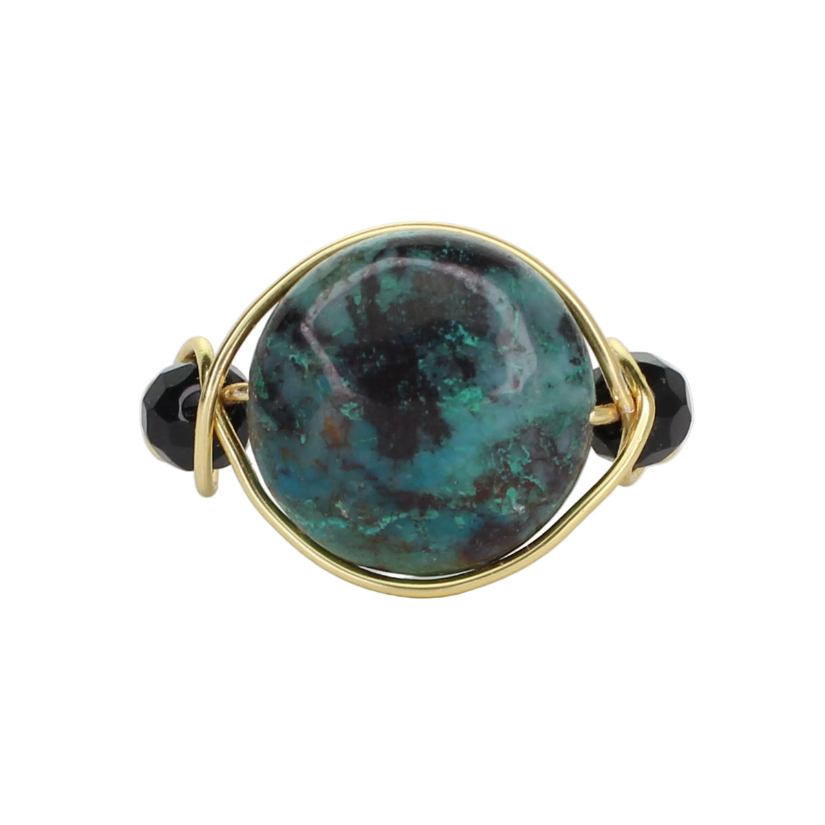 Chrysocolla and Onyx Triple Stone Ring