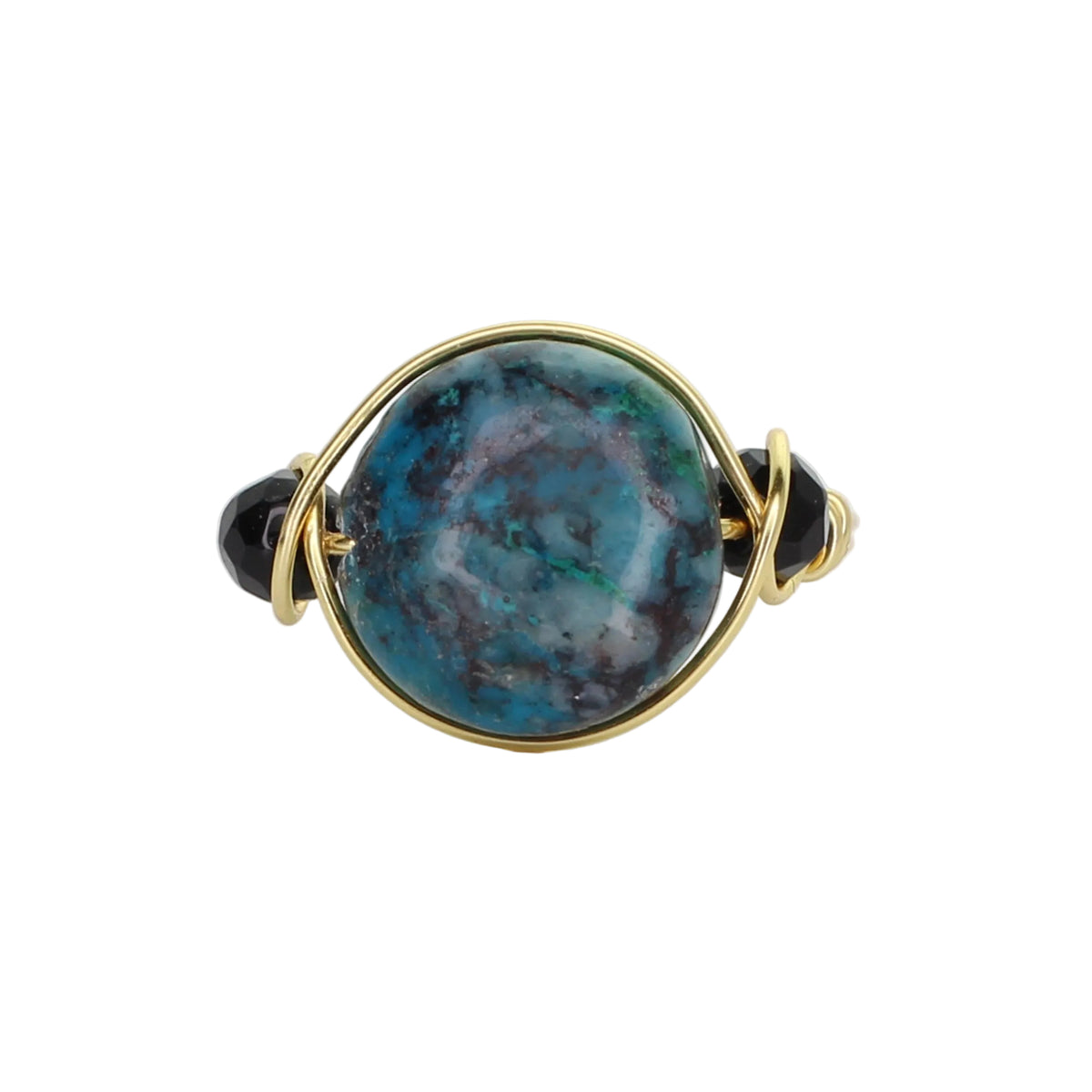 Chrysocolla and Onyx Triple Stone Ring