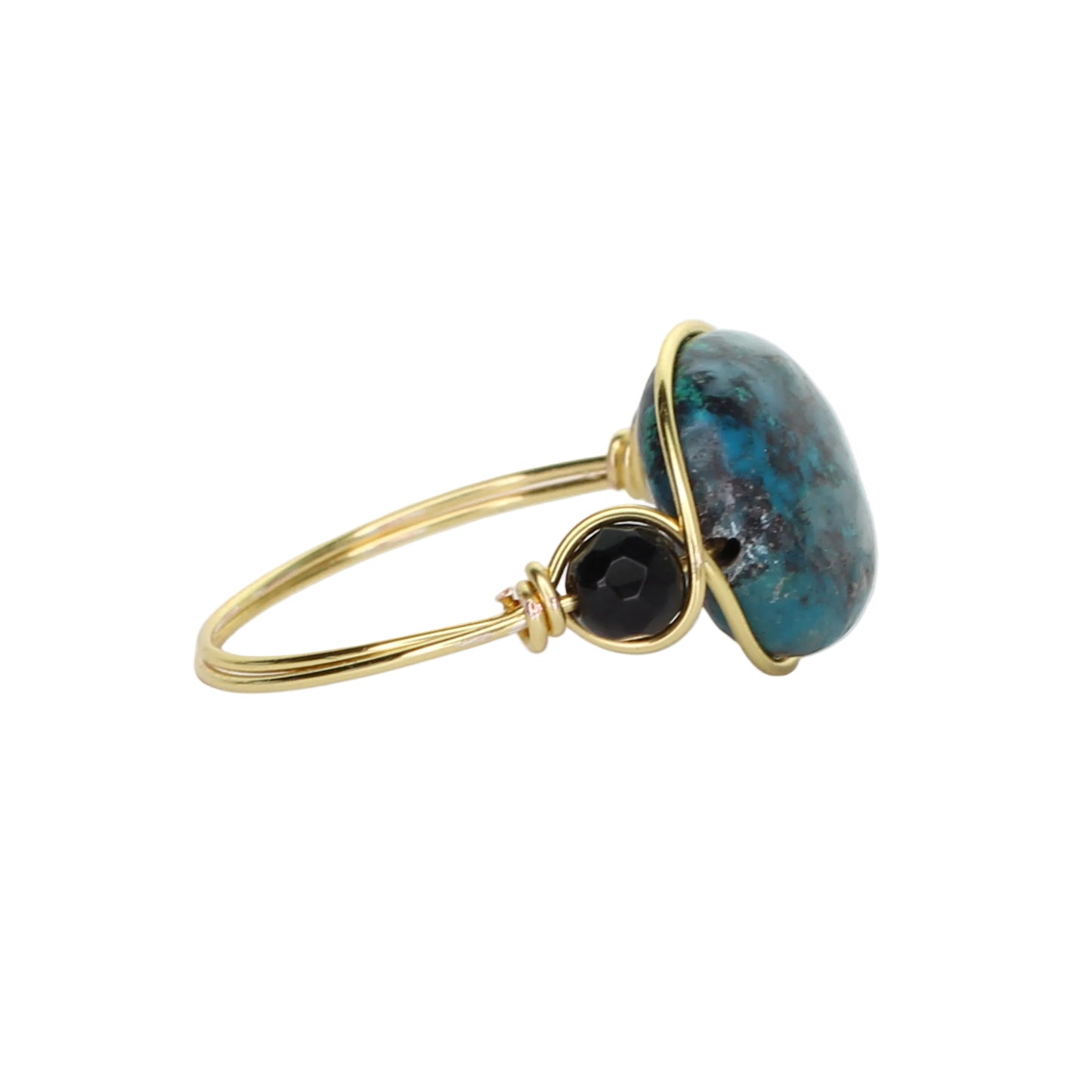 Chrysocolla and Onyx Triple Stone Ring