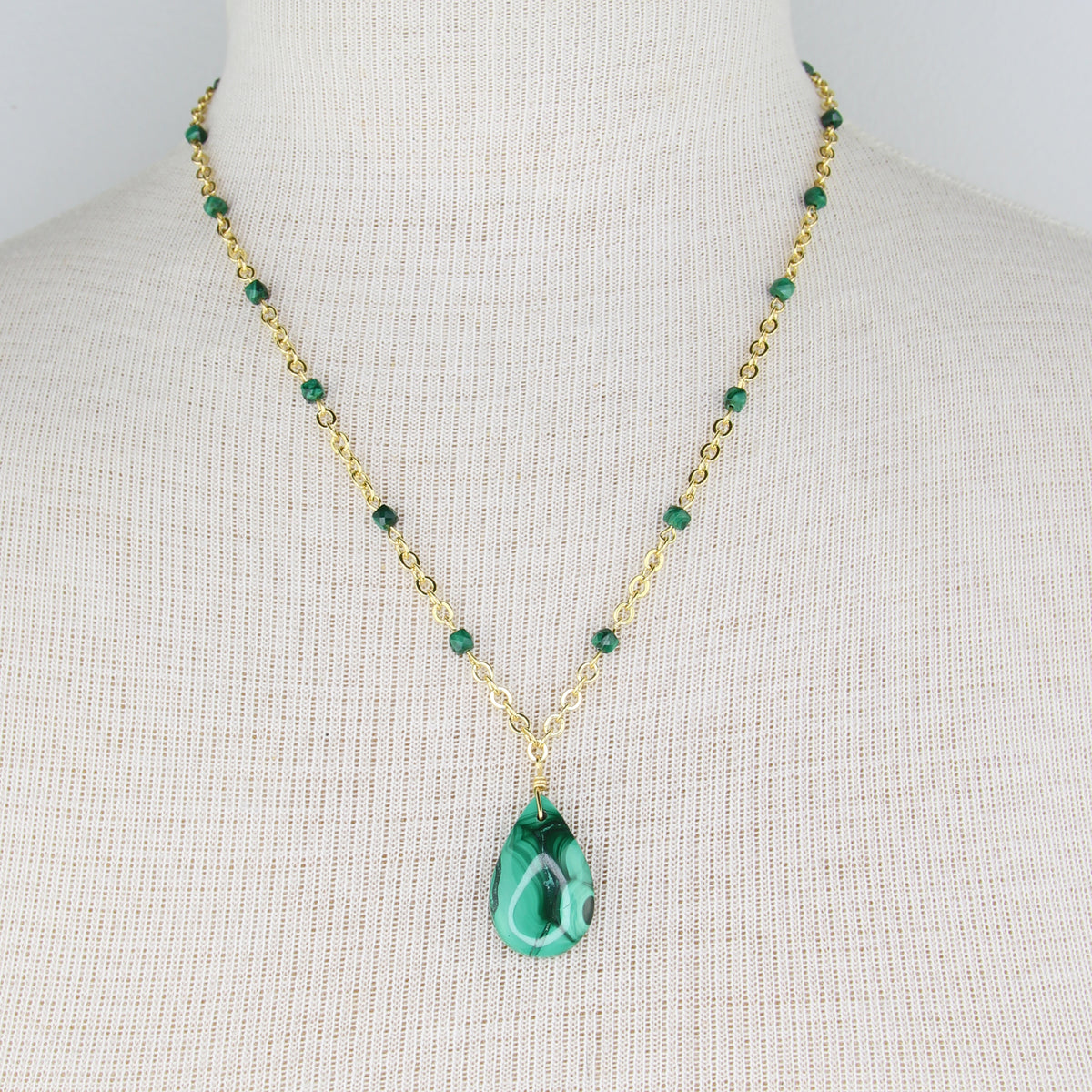 Malachite Pendant Necklace with Gold Filled Satellite Chain