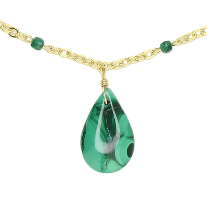 Malachite Pendant Necklace with Gold Filled Satellite Chain