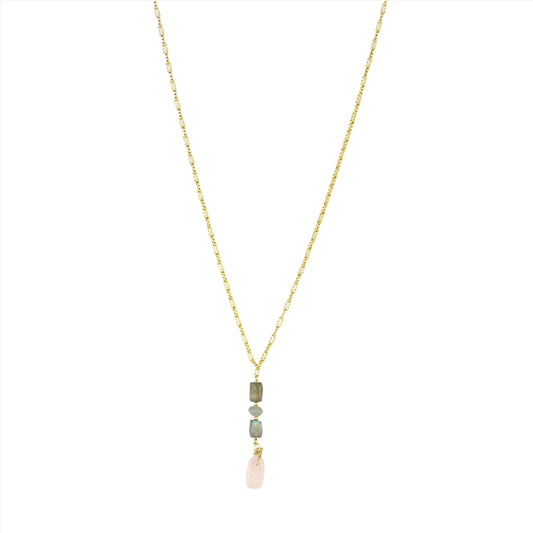 Labradorite, Cloudy Quartz & Rose Quartz on a Gold Chain Necklace