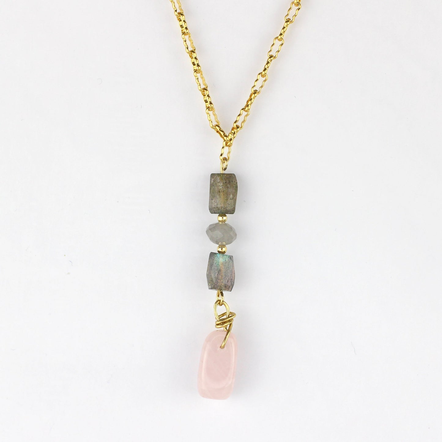 Labradorite, Cloudy Quartz & Rose Quartz on a Gold Chain Necklace