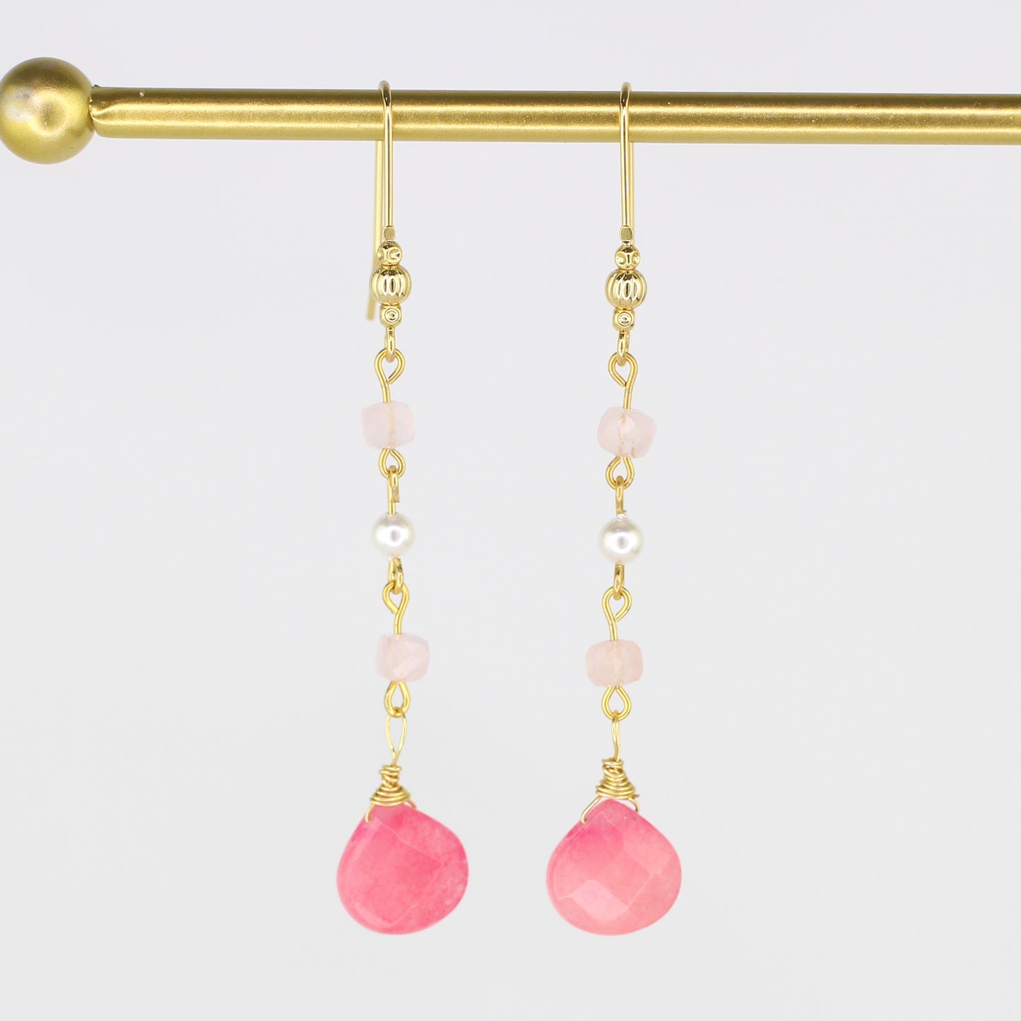 Pink Jade, Morganite, and South Sea Pearl Drop Earrings