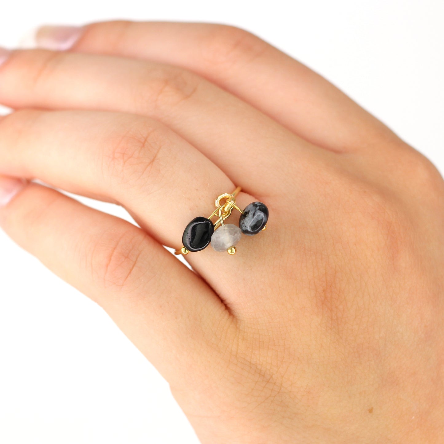 Triple Charm Ring - Black Tourmaline, Cloudy Quartz, & Snowflake Obsidian