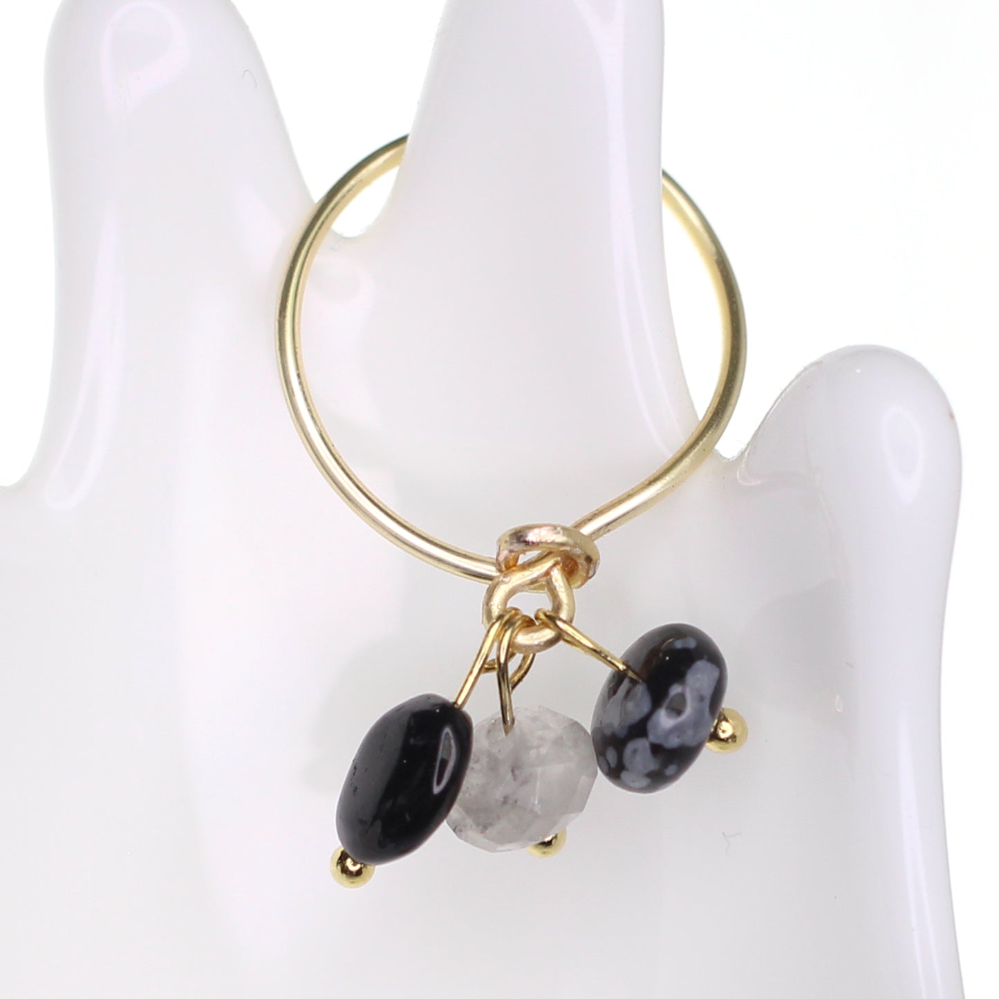 Triple Charm Ring - Black Tourmaline, Cloudy Quartz, & Snowflake Obsidian