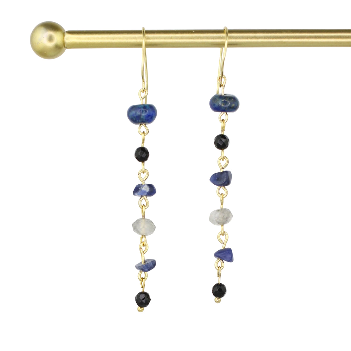 Lapis Lazuli, Onyx, Sodalite, & Cloudy Quartz Dangle Earrings