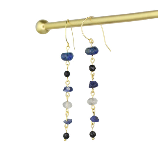 Lapis Lazuli, Onyx, Sodalite, & Cloudy Quartz Dangle Earrings