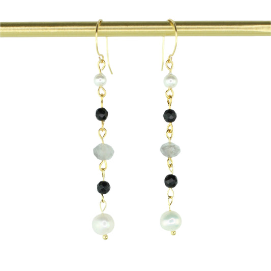 Pearl, Onyx, & Cloudy Quartz Drop Earrings