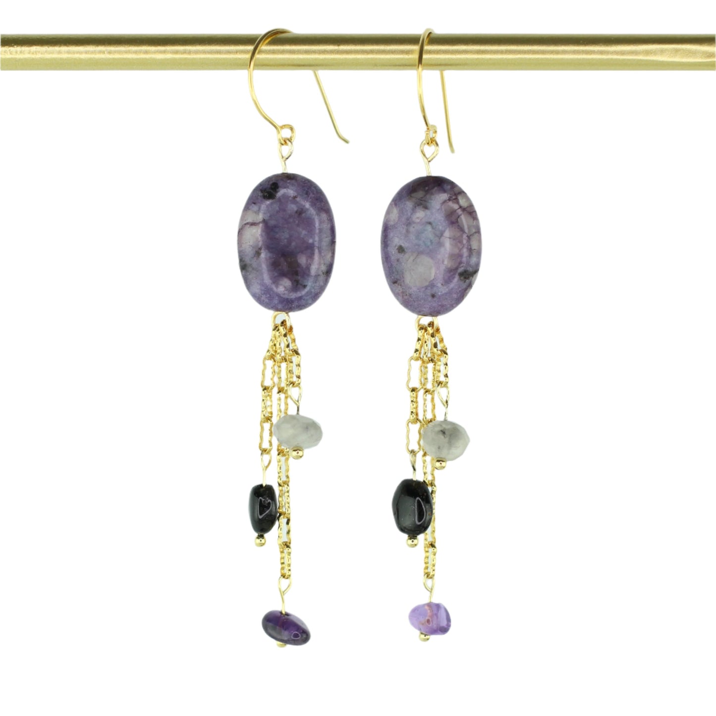 Purple Kiwi Quartz, Tourmaline, Cloudy Quartz, & Amethyst Earrings