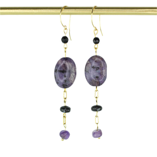 Purple Kiwi Quartz, Onyx, Amethyst, & Snowflake Obsidian Earrings