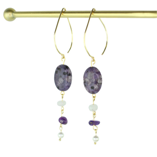 Purple Kiwi Quartz, White Jade, Amethyst, & Pearl Earrings