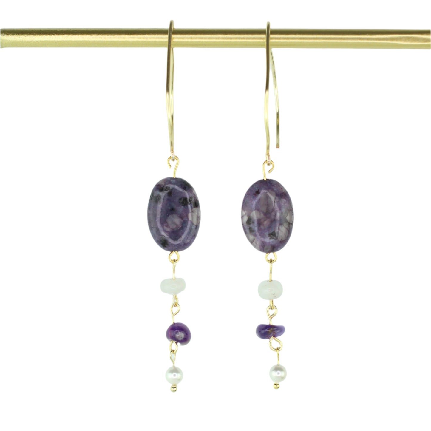 Purple Kiwi Quartz, White Jade, Amethyst, & Pearl Earrings