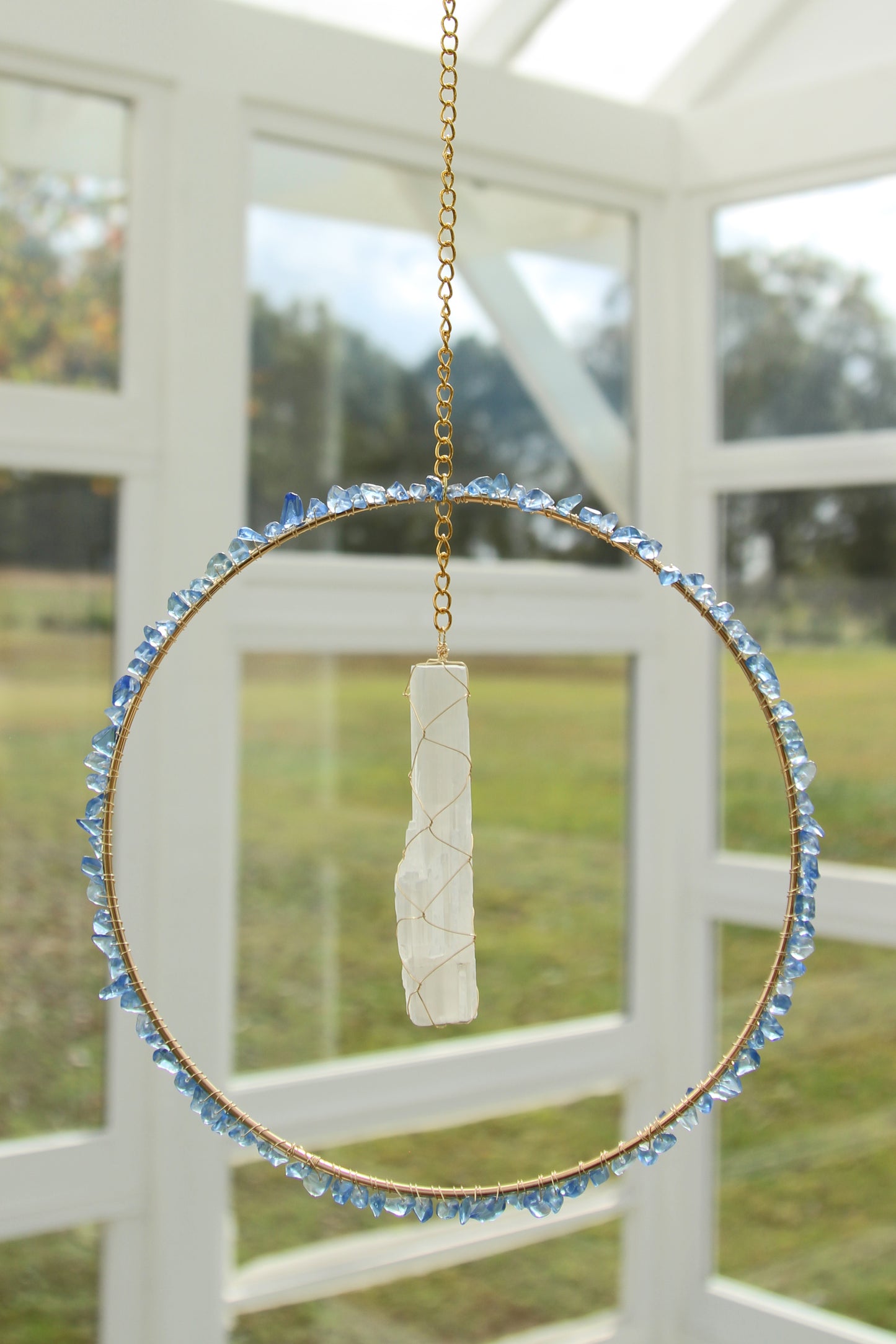 Blue Quartz & Selenite Suncatcher - Gold