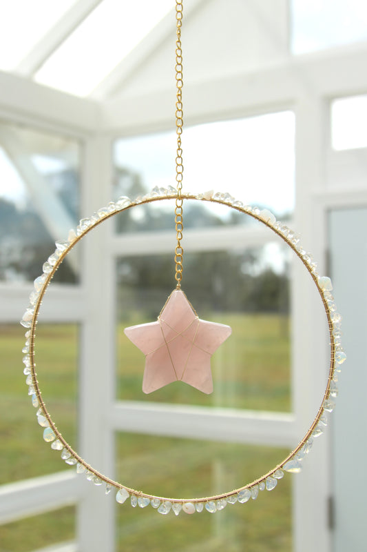 Opal & Rose Quartz Star Suncatcher - Gold