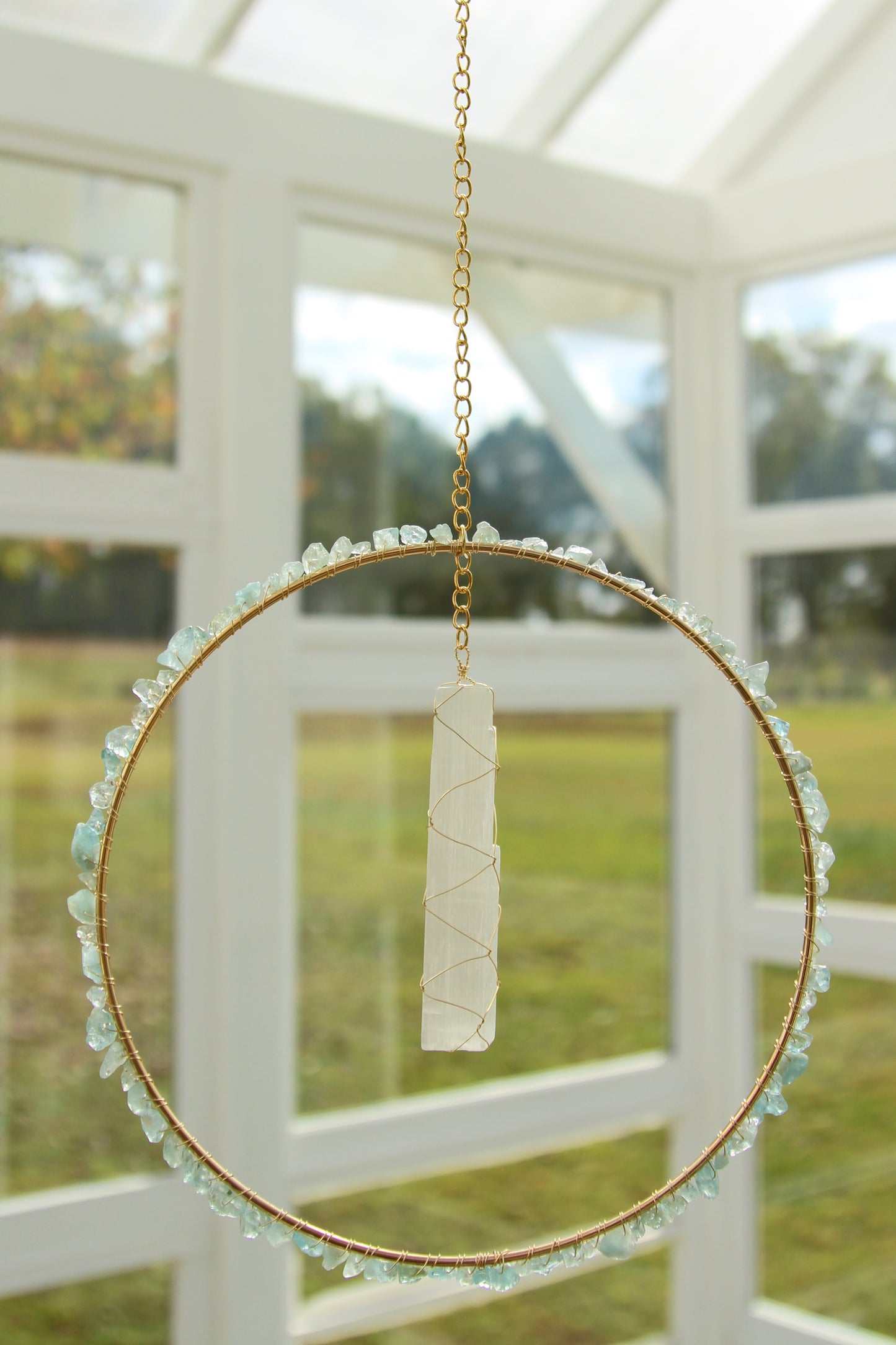 Aquamarine & Selenite Suncatcher - Gold