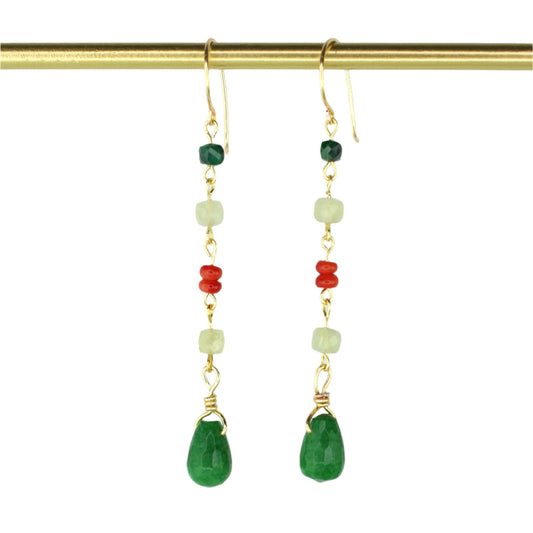 Jade, Morganite, Malachite, and Coral Drop Earrings