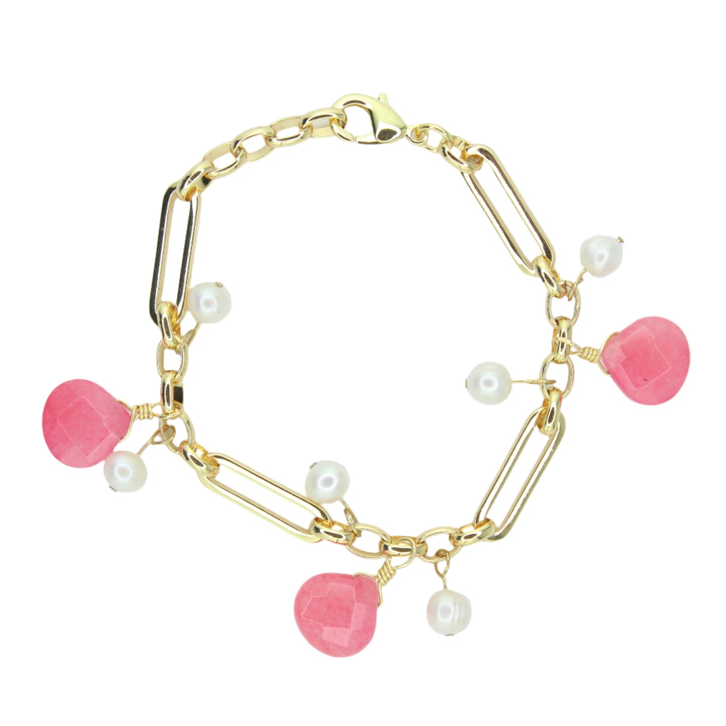 Pink Jade & Pearl Chain Bracelet