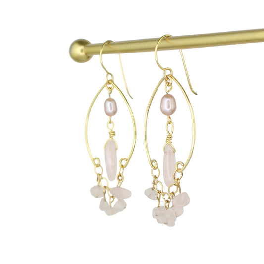 Rose Quartz and Pearl Chandelier Earrings
