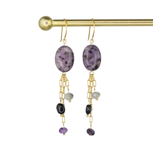 Purple Kiwi Quartz, Cloudy Quartz, Amethyst, & Tourmaline Earrings