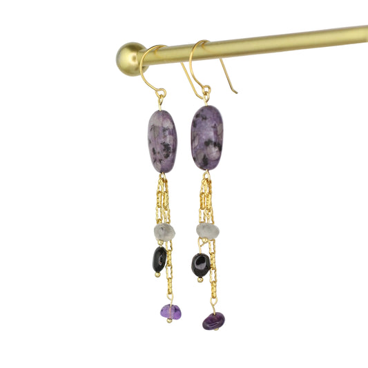 Purple Kiwi Quartz, Cloudy Quartz, Amethyst, & Tourmaline Earrings