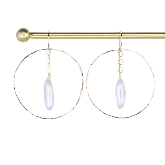 Hammered Hoop and Dangle Gray Pearl Earrings