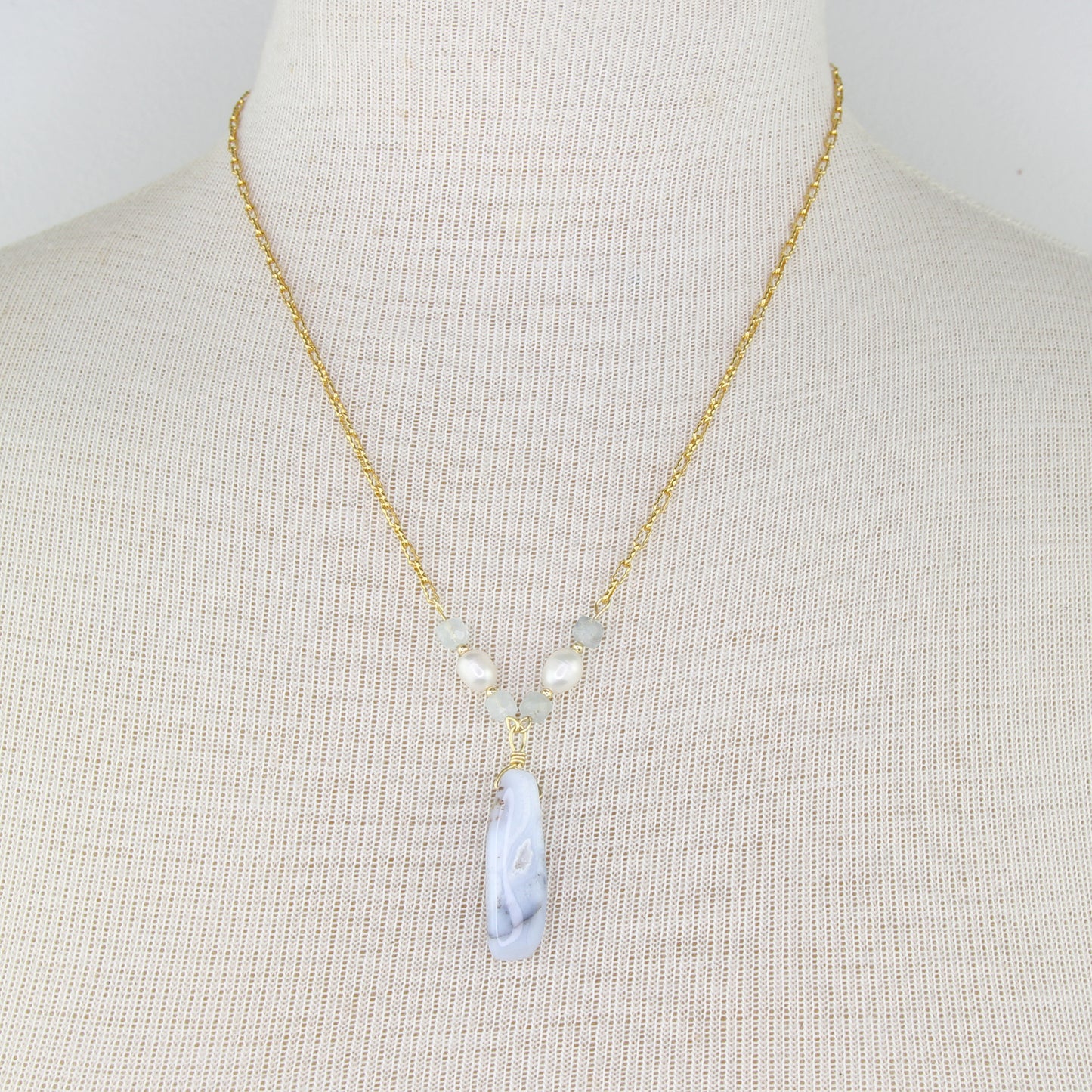 Blue Lace Agate, Pearl, and Morganite Necklace