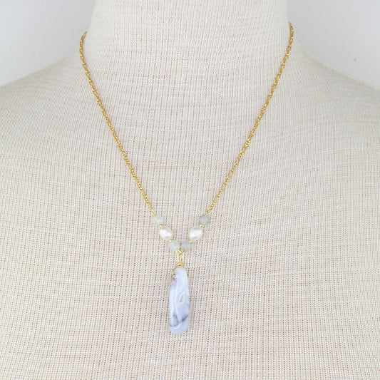 Blue Lace Agate, Pearl, and Morganite Necklace