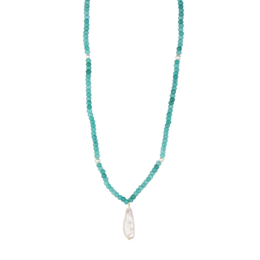 Blue Jade Necklace with Freshwater Pearl Pendant