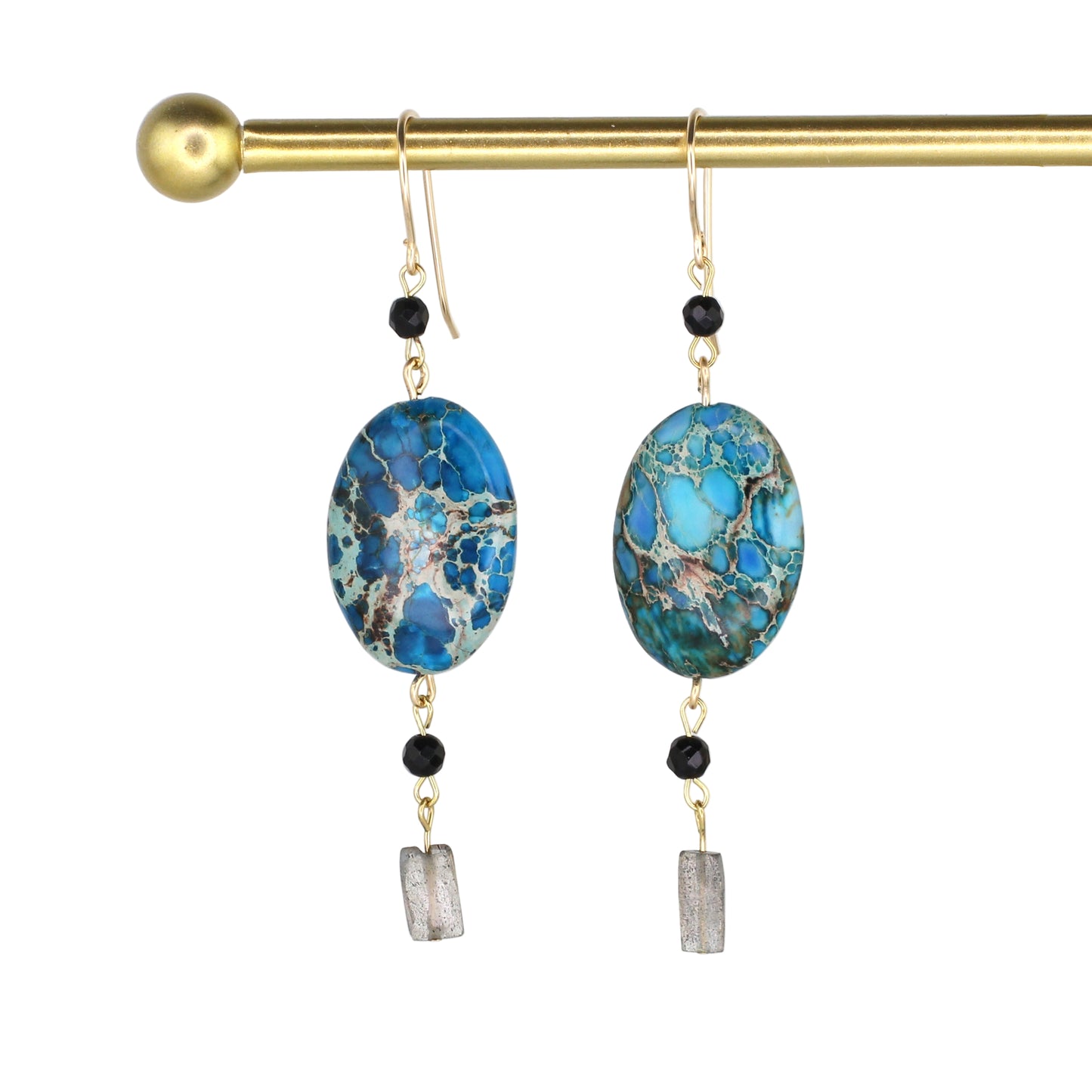 Blue Impression Jasper, Onyx, and Labradorite Earrings