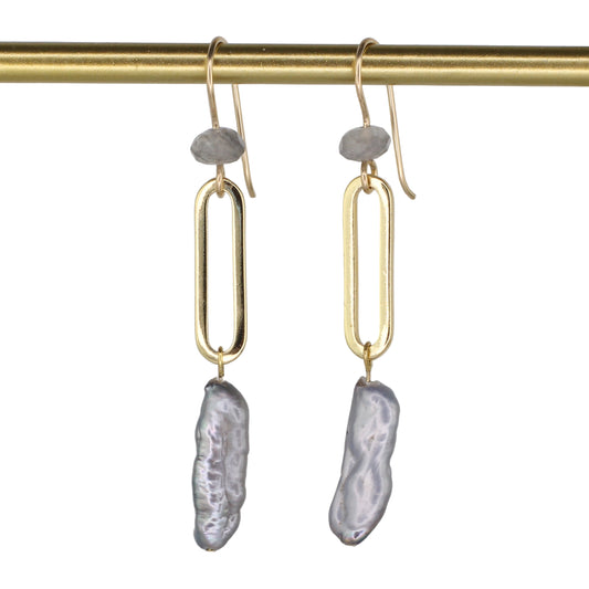 Gray Freshwater Pearl and Cloudy Quartz Drop Earrings