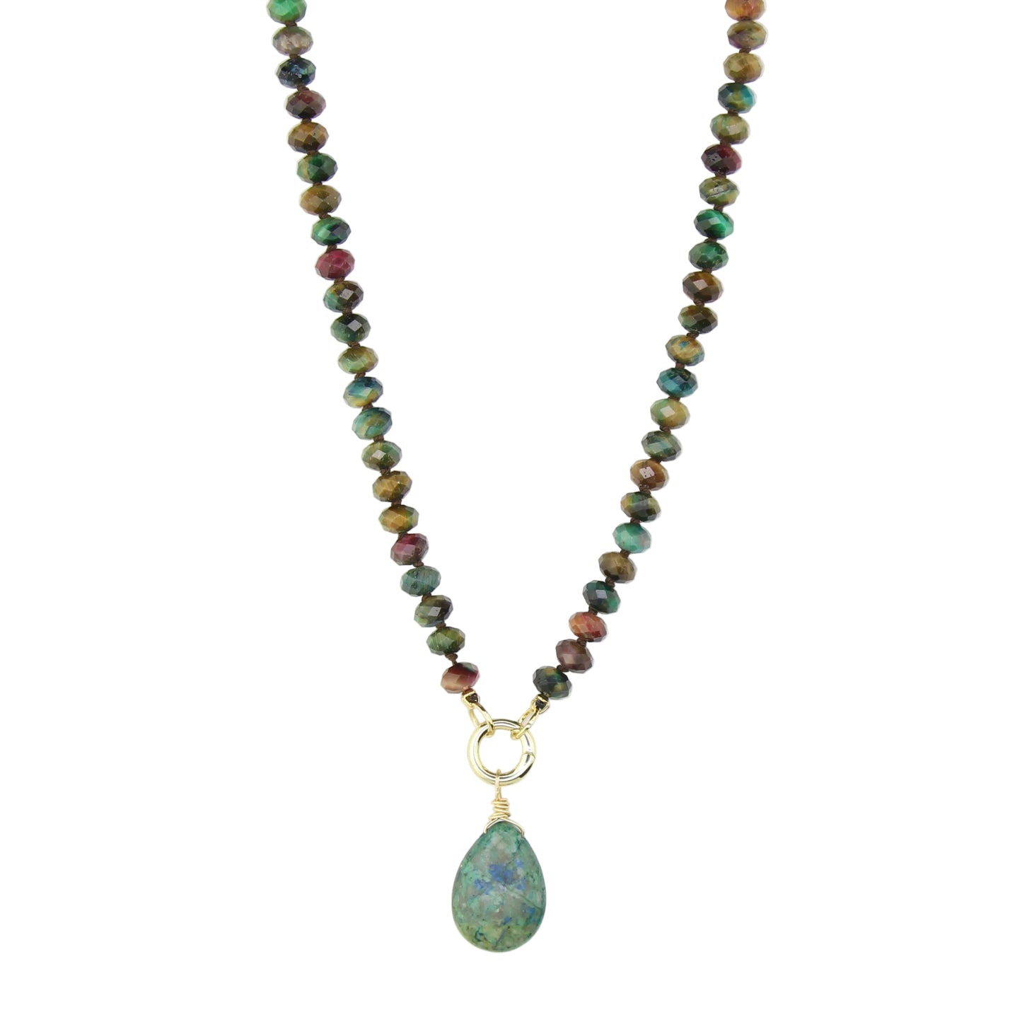 Rainbow Tiger's Eye Necklace with Turquoise Pendant