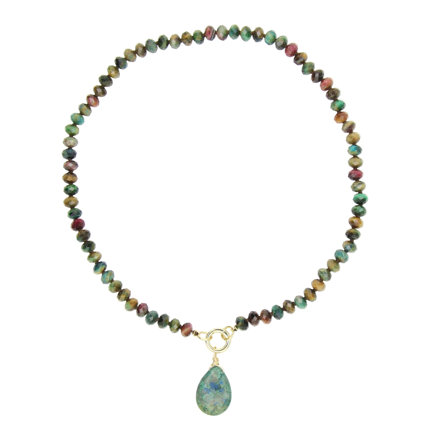 Rainbow Tiger's Eye Necklace with Turquoise Pendant